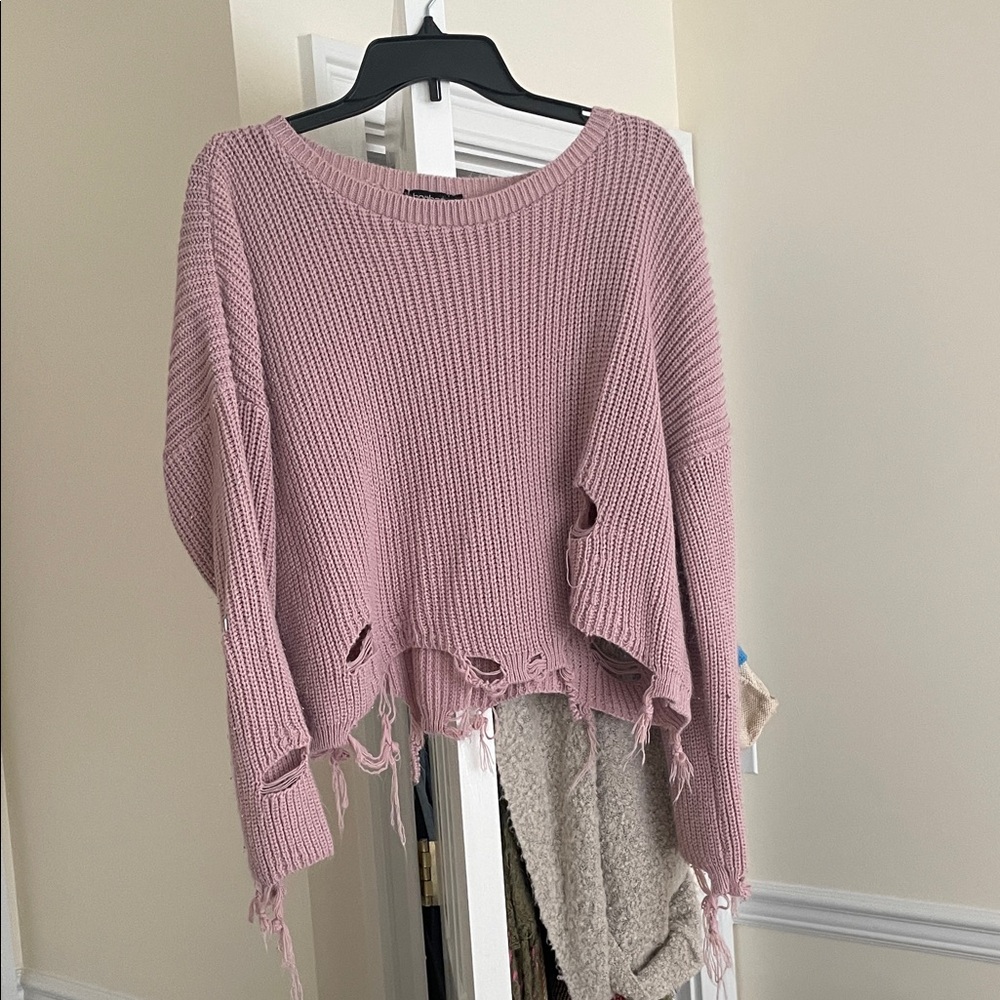 Boohoo Pink Distressed Crew Neck Sweater